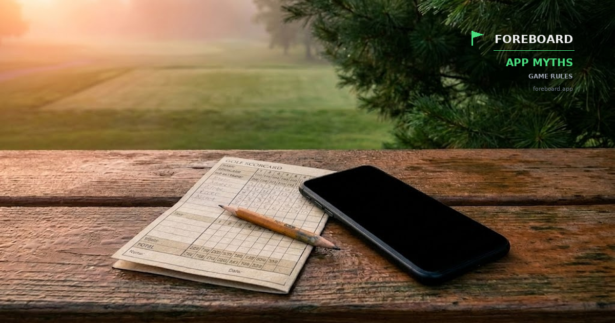 A paper scorecard on a wooden bench at dawn with a smartphone resting next to it, both showing scores for the same round, red flag pin softly visible in the background