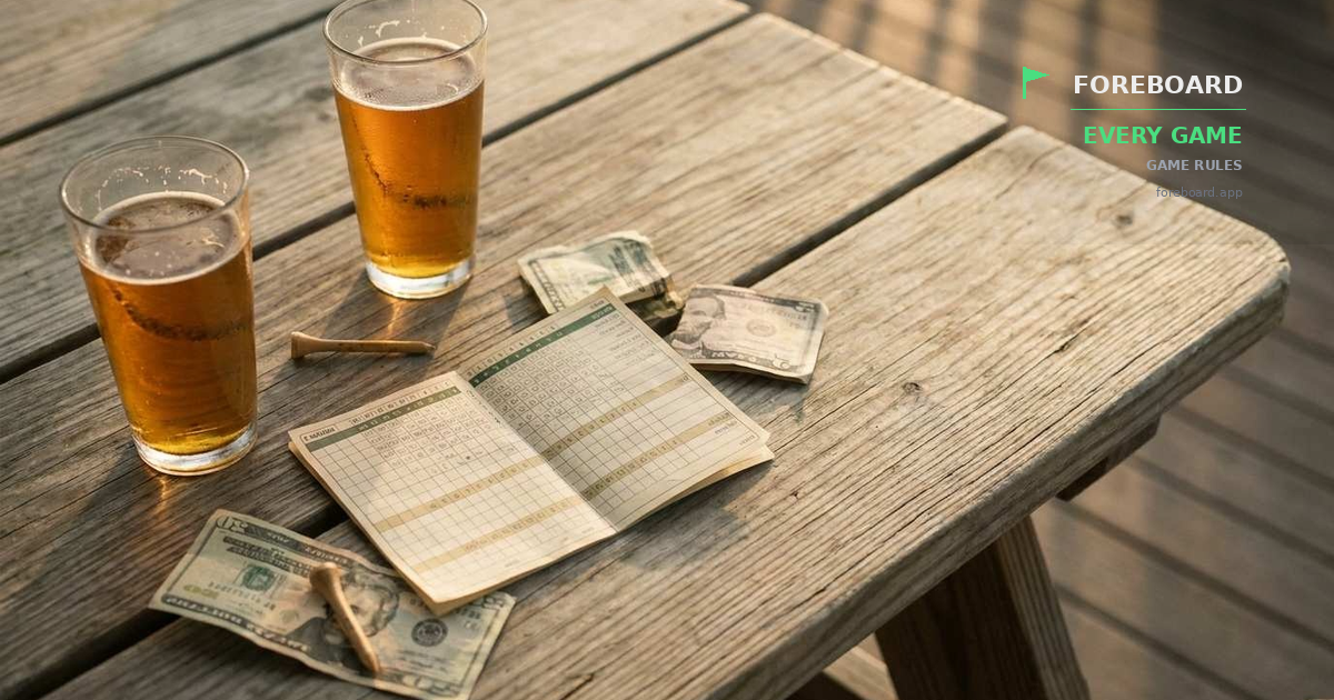 A dark wooden pub table at dusk with a folded paper golf scorecard, two amber pint glasses, and a few crumpled bills lit by warm overhead light