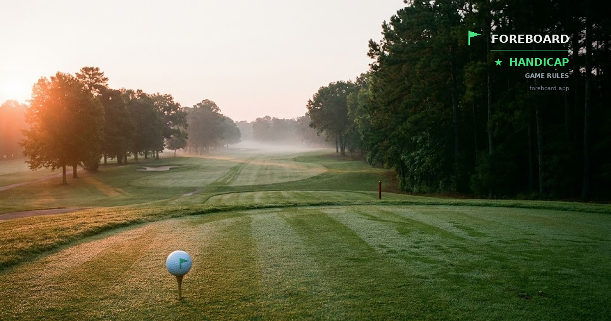 A weathered scorecard at dawn on a wooden bench with a Handicap Index notation handwritten in the margin, a red flag pin softly visible in the background