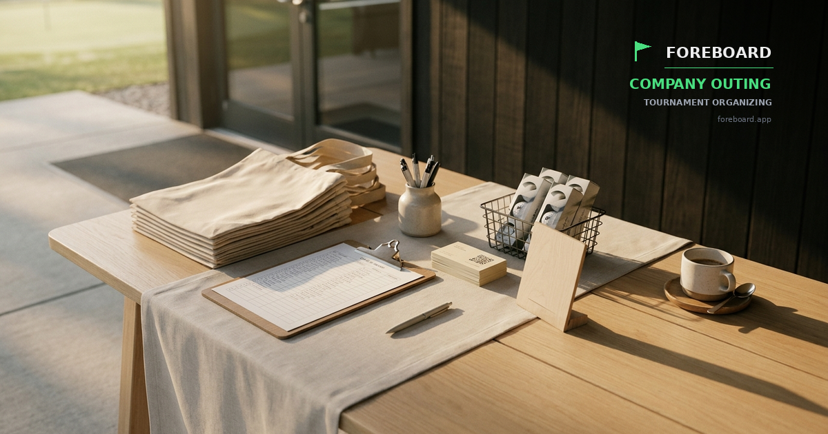 A corporate golf outing registration table at early morning golden hour set up outside a contemporary clubhouse: a light-oak table with a linen runner holding a neat stack of canvas gift bags, a ceramic cup of pens, a clipboard with a check-in roster, a small stack of QR code cart cards, a wire basket of golf ball sleeves, and a coffee cup on a saucer, with a dark wood-paneled clubhouse wall rising along the right side