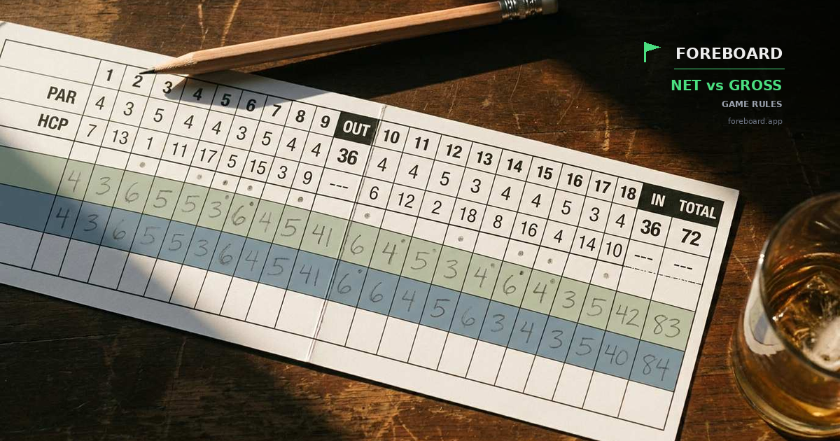 An overhead close-up of a modern paper golf scorecard resting on a dark wooden table at golden hour, with PAR and HCP rows printed at the top, handwritten pencil scores filling the player rows, small penciled dots in the corners of stroke-hole cells, and a sharpened pencil and rocks glass at the edge of the frame