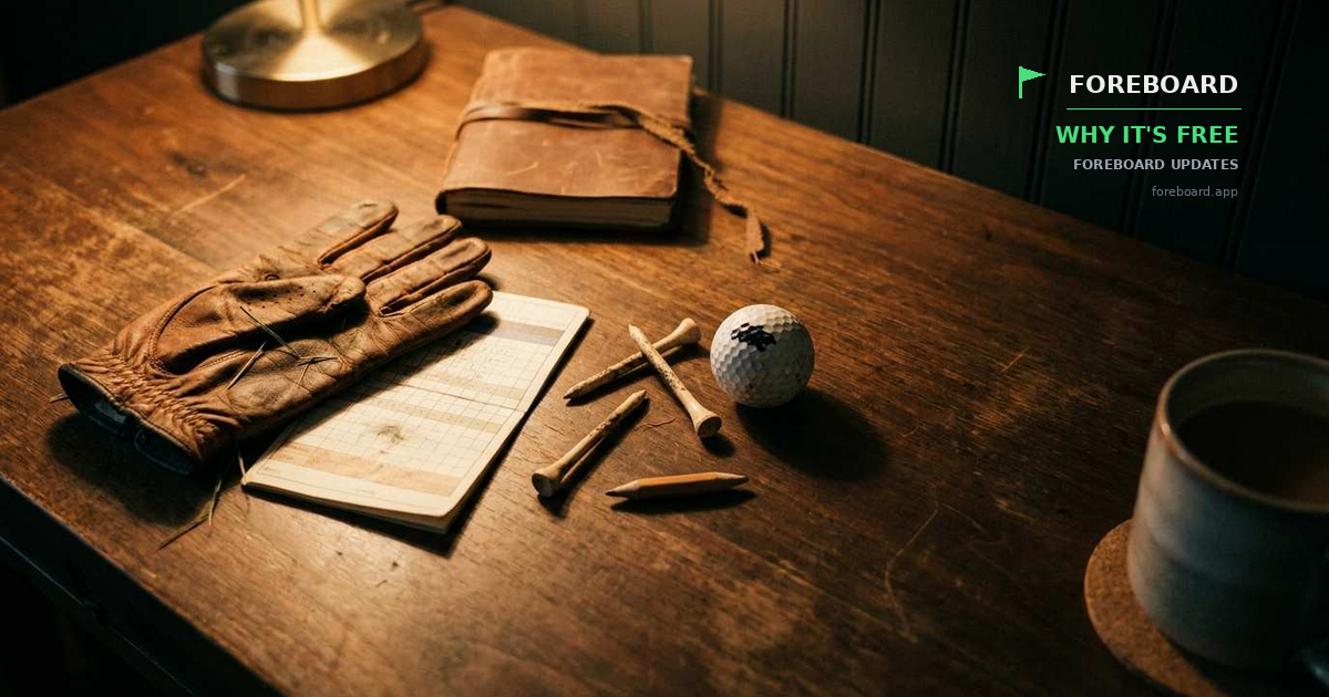 A golfer's personal desk at warm evening lamp light — a well-worn tan leather glove, a folded paper scorecard with pencil marks, a leather-bound journal, wooden tees, a golf ball with a hand-drawn Sharpie mark, and a ceramic coffee mug on a coaster, arranged on a dark wooden desk with a dark paneled wall on the right